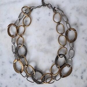Chicos 2 Tier Oval Link Necklace Two Tone Bib Statement Rstic Rope Hammered Y2K